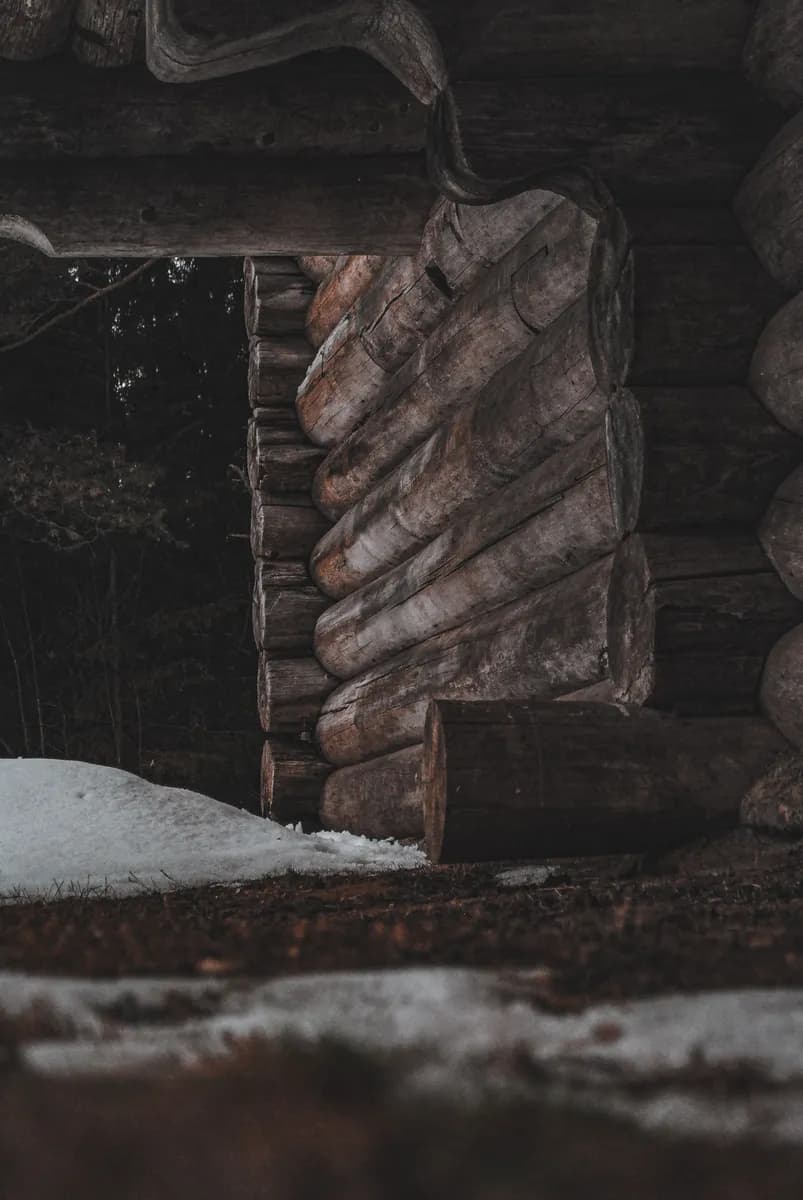 BookNoFees-voorbeeldfoto: besneeuwde ingang van een blokhut van donkere ronde boomstammen