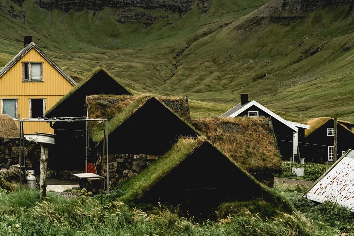 BookNoFees-voorbeeldfoto: Traditionele lage huisjes met met gras begroeide daken