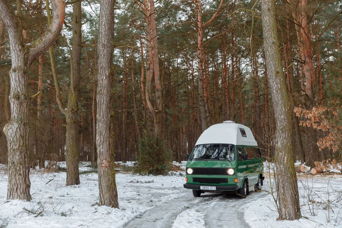 BookNoFees-voorbeeldfoto: Groene camper met hoog dak in een besneeuwd bos