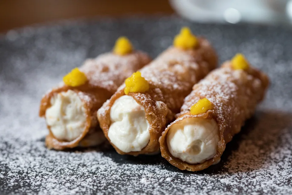 BookNoFees: Voorbeeldfoto: Cannoli met een romige vulling en bestrooid met poedersuiker