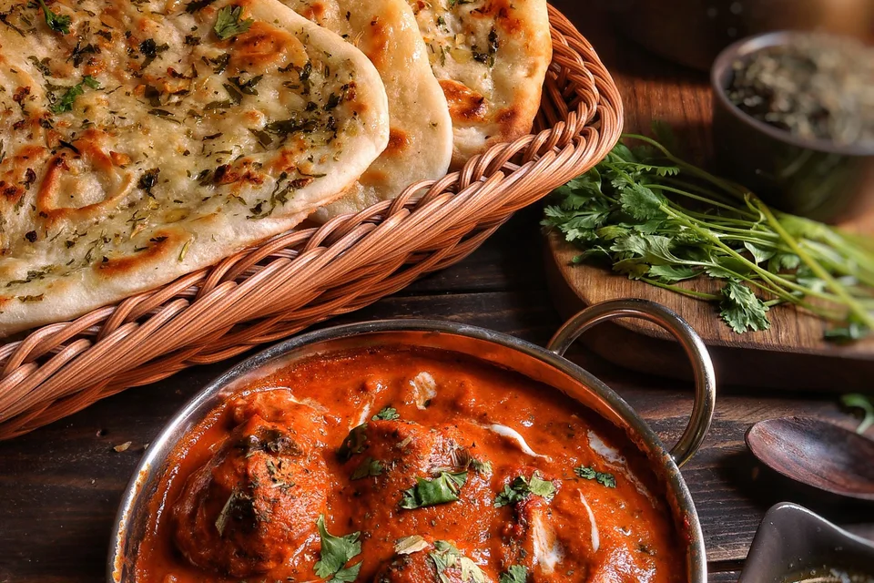 BookNoFees: Voorbeeldfoto: Curry geserveerd met knoflooknaan